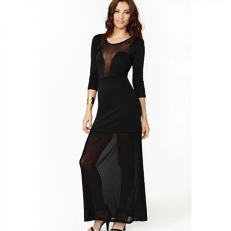 Mesh Plunging Neckline Maxi Dress Black