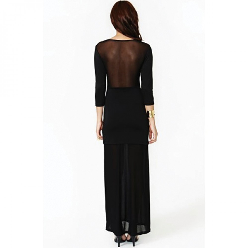 Mesh Plunging Neckline Maxi Dress Black