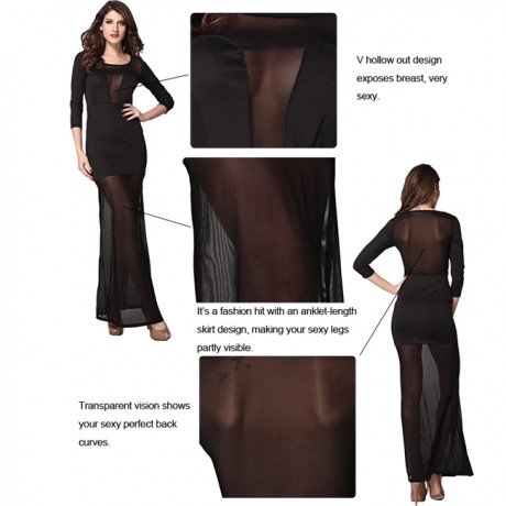 Mesh Plunging Neckline Maxi Dress Black