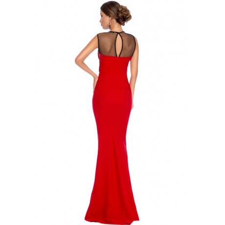 Mesh Splice Beaded Patchwork Red Long Evening Dress