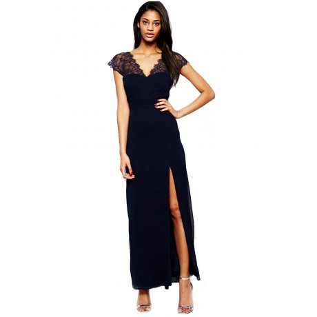 Navy Lace Splicing Chiffon Evening Dress