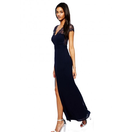 Navy Lace Splicing Chiffon Evening Dress