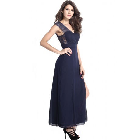 Navy Lace Splicing Chiffon Evening Dress