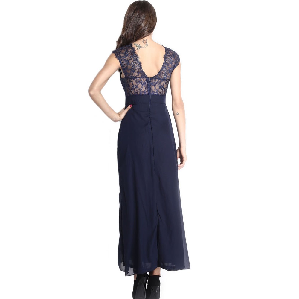 Navy Lace Splicing Chiffon Evening Dress