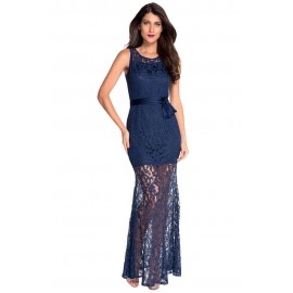 Navy Lace Satin Patchwork Maxi Dress