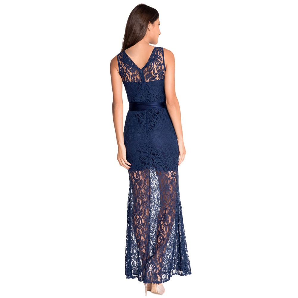 Navy Lace Satin Patchwork Maxi Dress