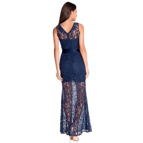 Navy Lace Satin Patchwork Maxi Dress