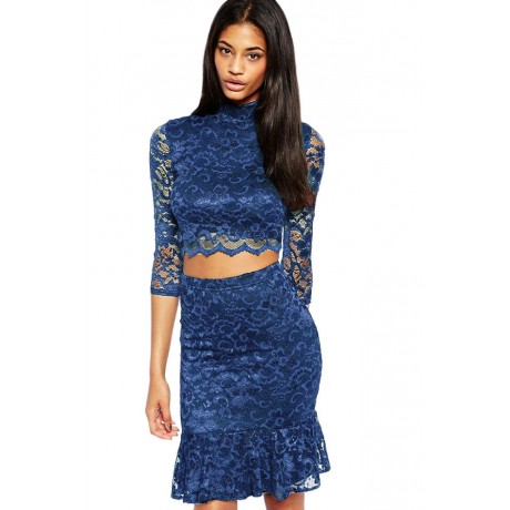 Navy Lace Soft Lining Midi Skirt Set