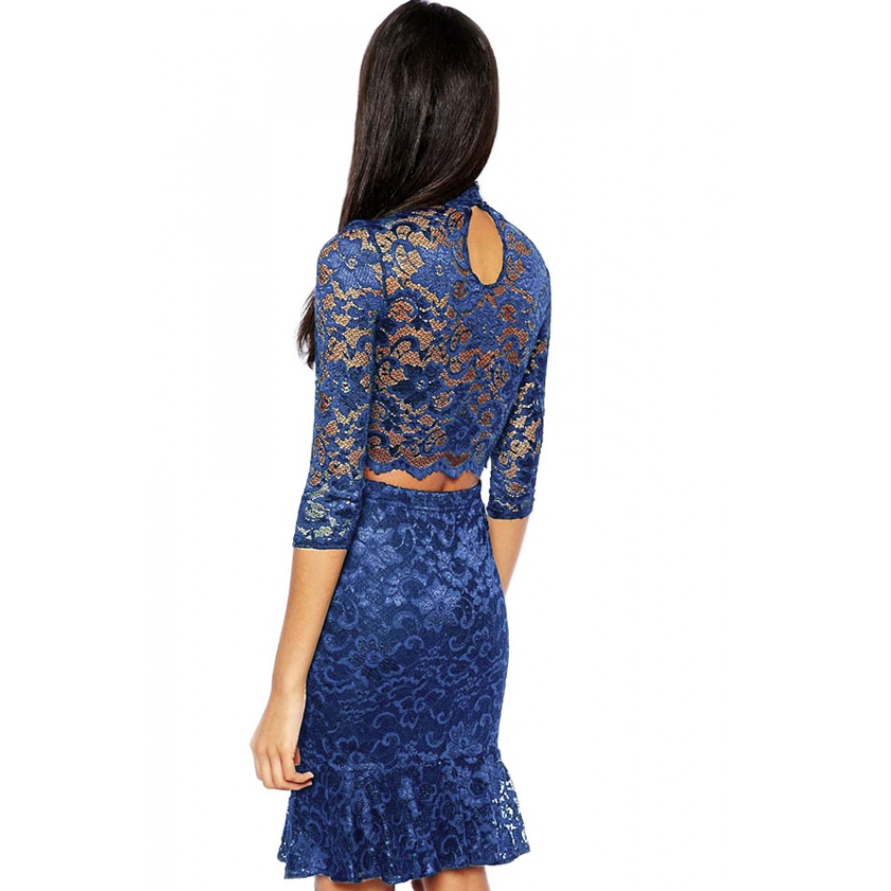 Navy Lace Soft Lining Midi Skirt Set