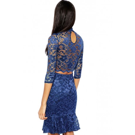 Navy Lace Soft Lining Midi Skirt Set