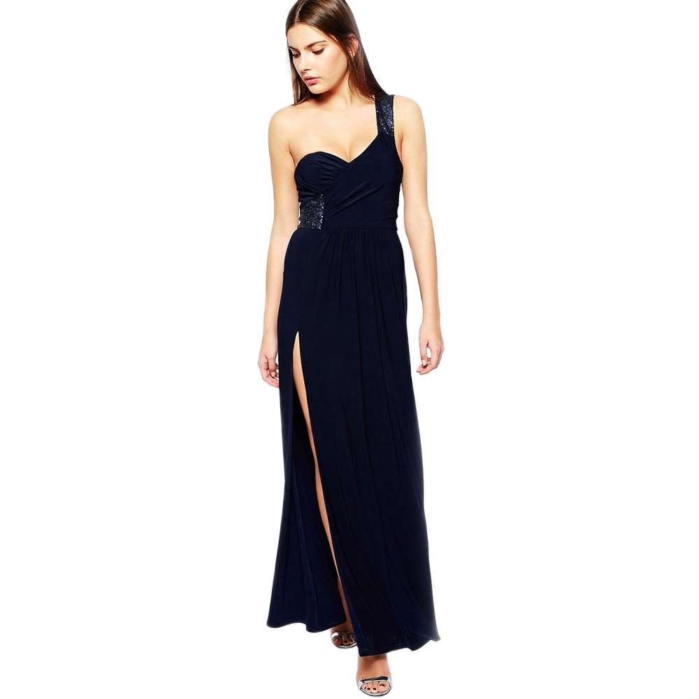 Navy Sequin Shoulder Side Maxi Dress