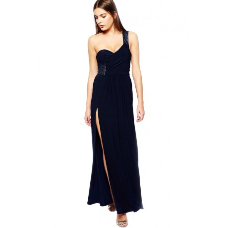 Navy Sequin Shoulder Side Maxi Dress