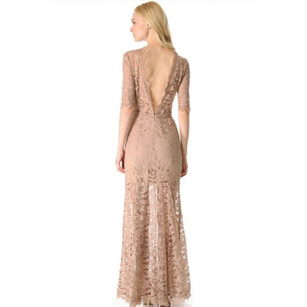 Nude Pink High Slit V Back Lace Over Maxi Party Dress