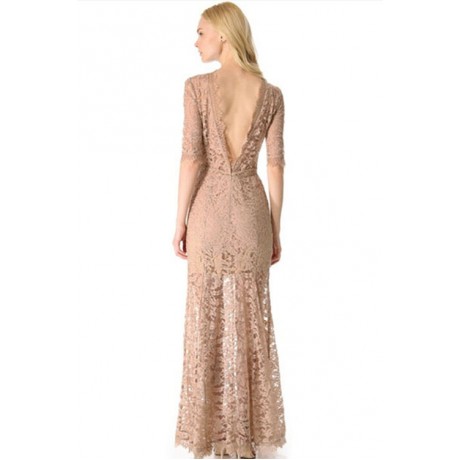 Nude Pink High Slit V Back Lace Over Maxi Party Dress
