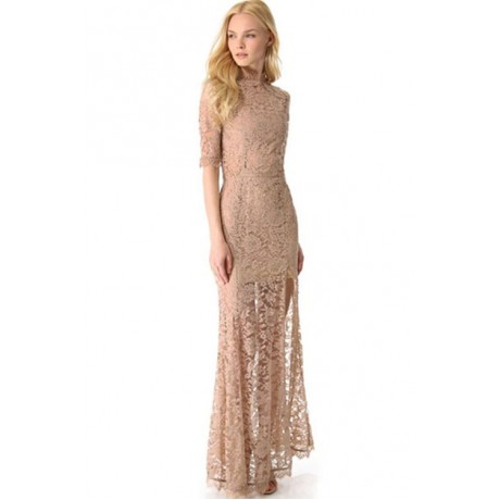 Nude Pink High Slit V Back Lace Over Maxi Party Dress