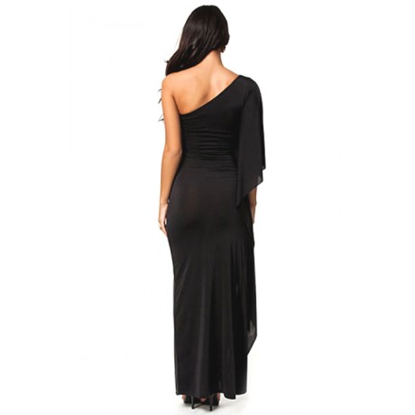 One Shoulder Draped Evening Dress Black