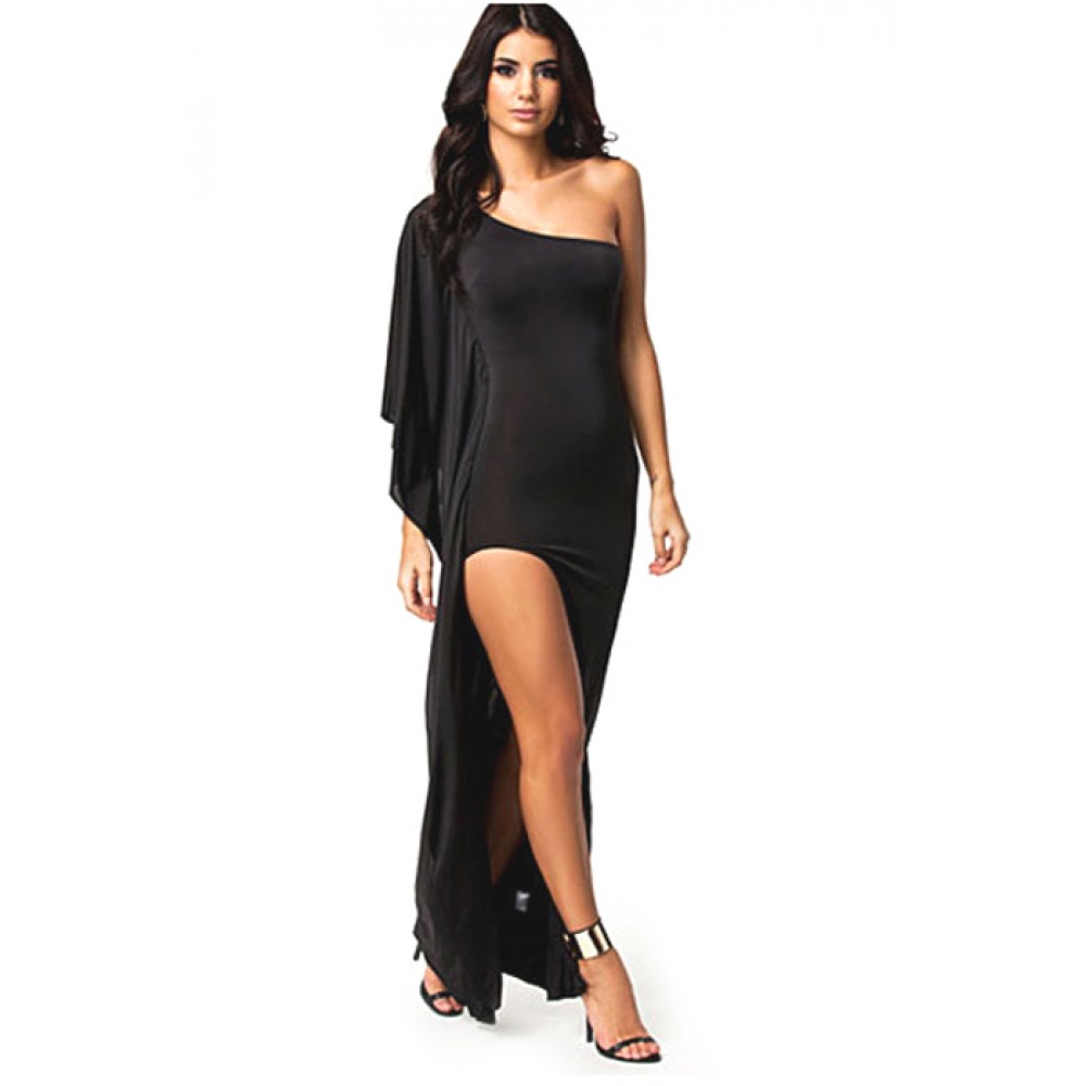 One Shoulder Draped Evening Dress Black