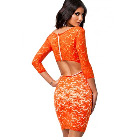 Orange Floral Lace Overlay Mini Dress
