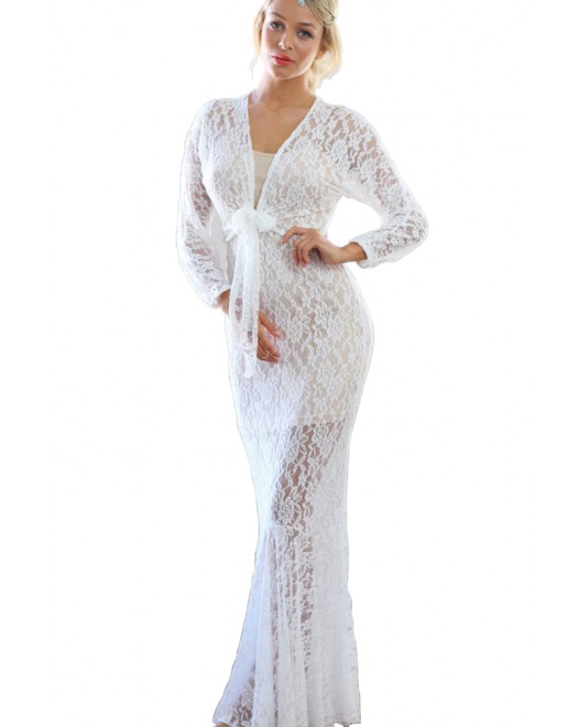 Front Tie White Lace Maxi Dress