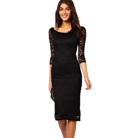 Black Lace Overlay Midi Dress