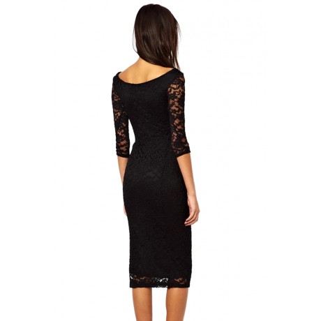 Black Lace Overlay Midi Dress