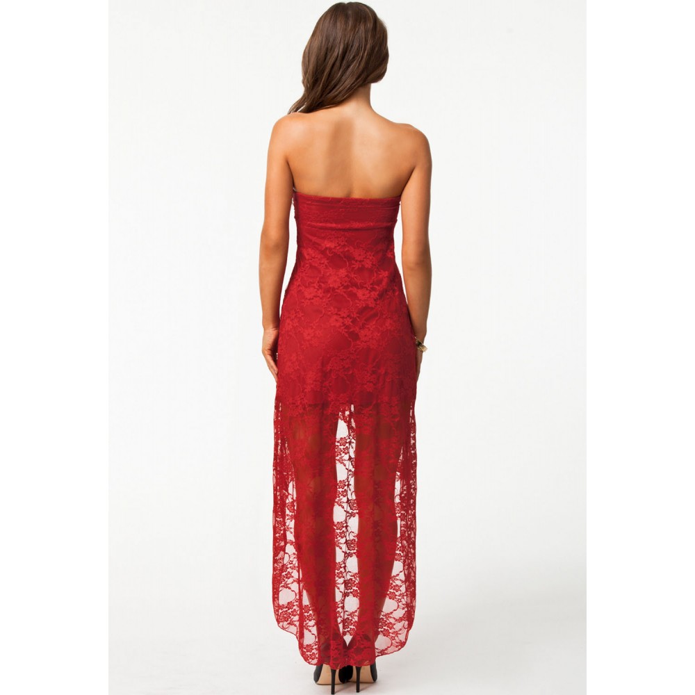 Bandeau Lace Evening Dress Red