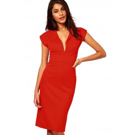 Plunging Pencil Midi Dress Red