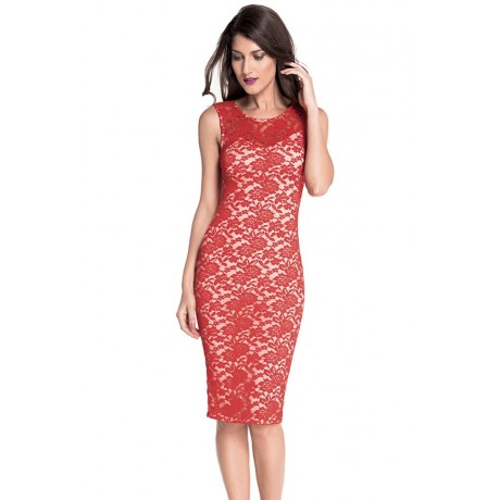 Red Patchwork Knee length Midi Dress