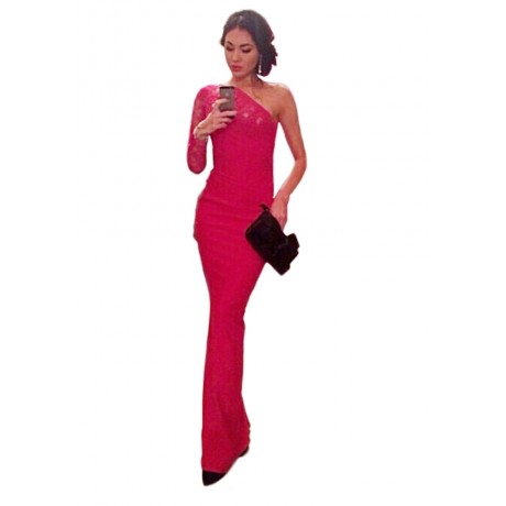 Red Floral Lace Trimmed Single Sleeve Evening Dress