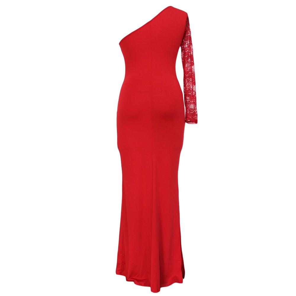 Red Floral Lace Trimmed Single Sleeve Evening Dress