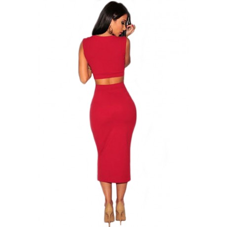 Solid Red Front Slit Two Piece Midi Party Dress Skirt Set