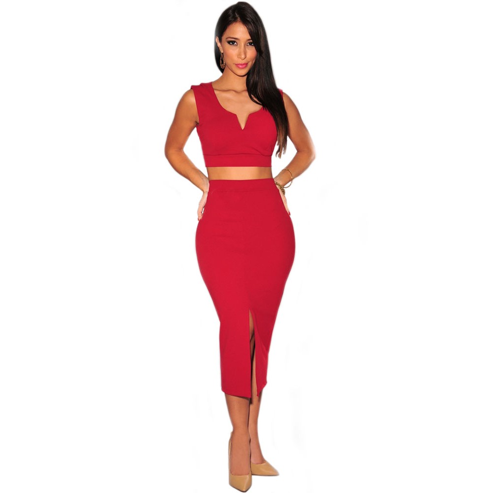 Solid Red Front Slit Two Piece Midi Party Dress Skirt Set