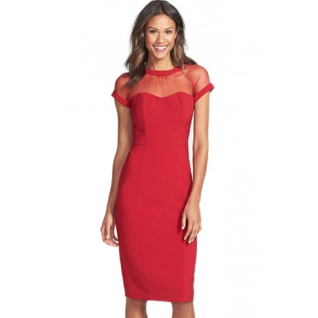 Red Illusion Yoke Crepe Sheath Midi Dress