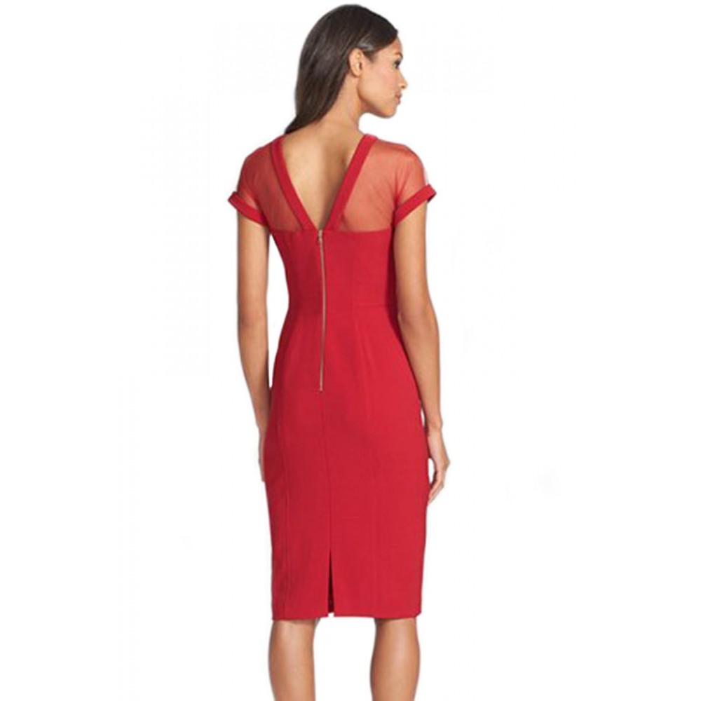 Red Illusion Yoke Crepe Sheath Midi Dress