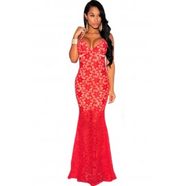 Red Lace Nude Illusion Evening Dress