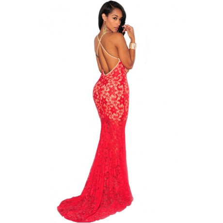 Red Lace Nude Illusion Evening Dress