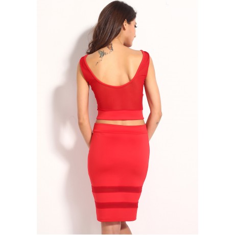 Mesh Patchwork Cut Out Skirt Set Red
