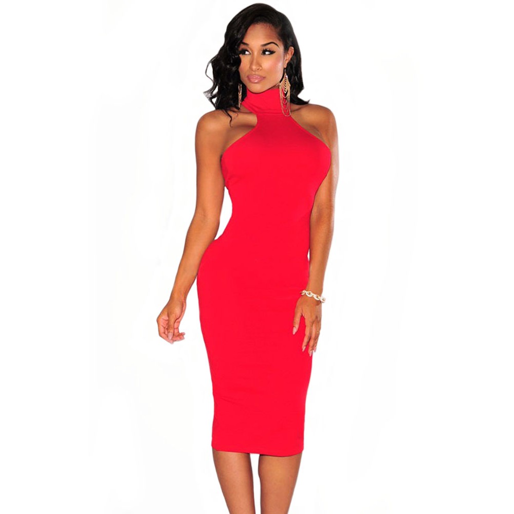 Red Mock Neck Key Hole Back Midi Dress