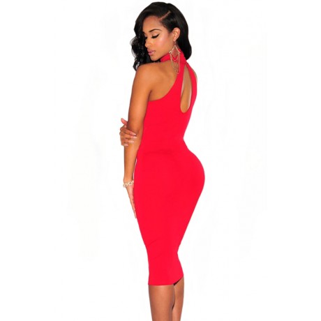 Red Mock Neck Key Hole Back Midi Dress