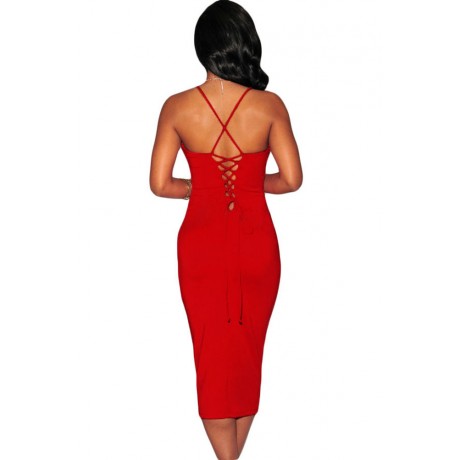 Red Plunging Halter Midi Dress