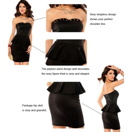 Rivets Peplum Dress Black