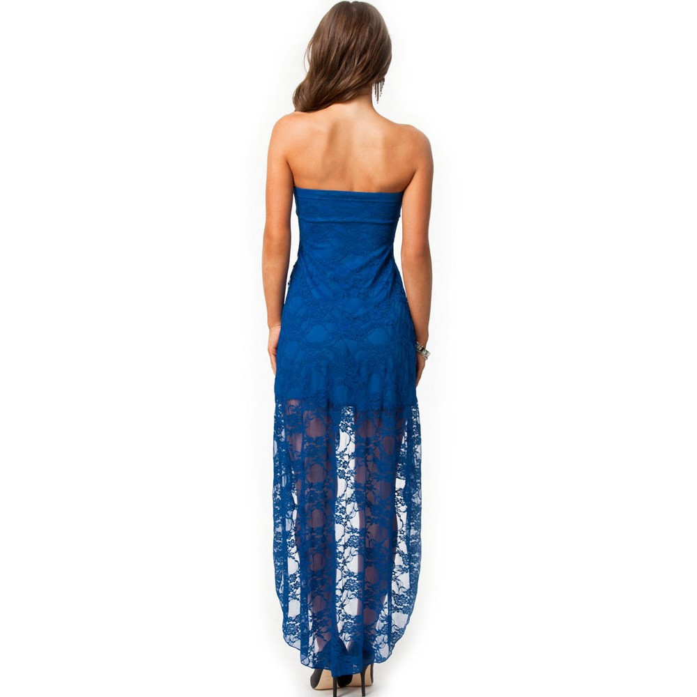 Knee Length Bandeau Lace Evening Dress Sapphire