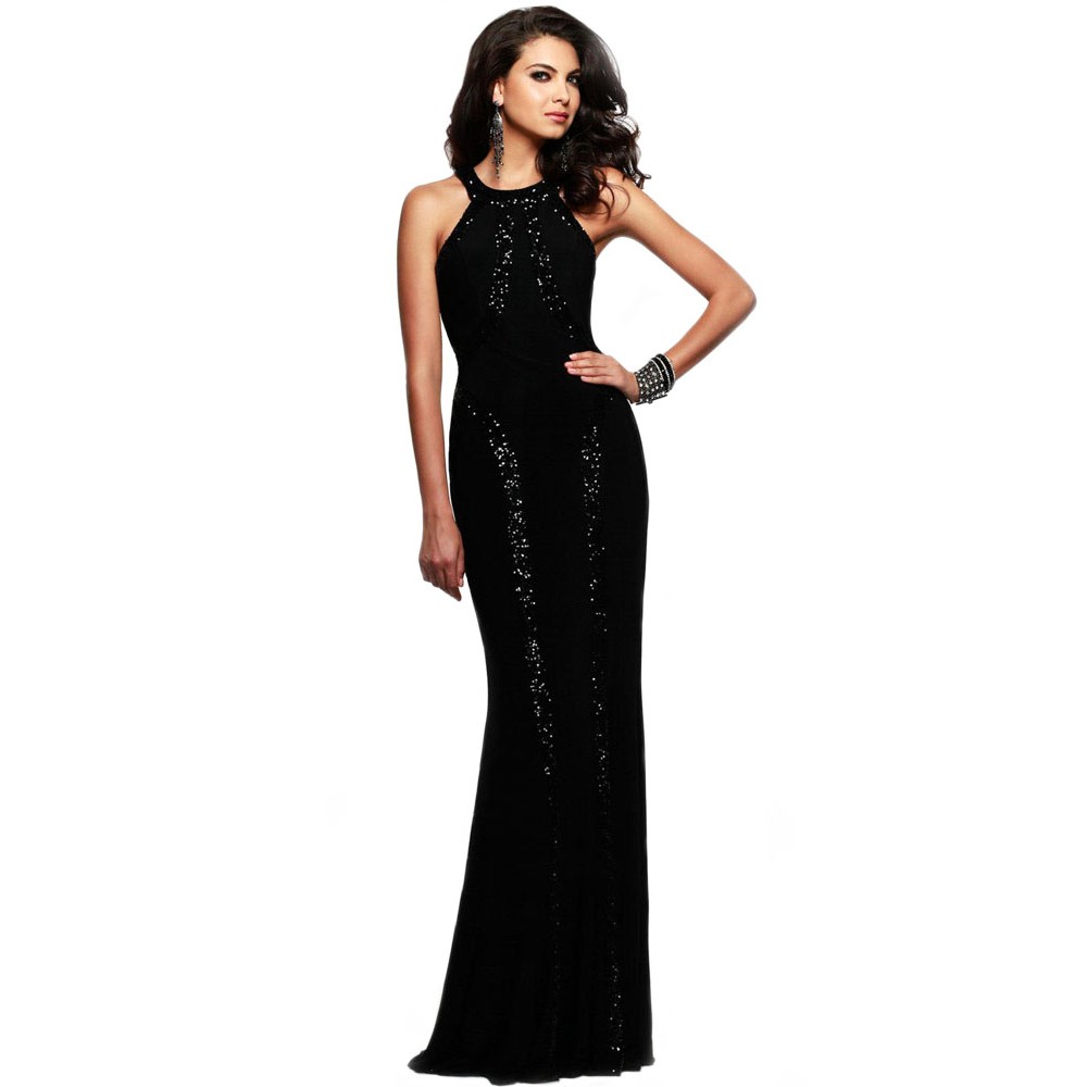 Sequin Trim Black Jersey Patchwork Gown