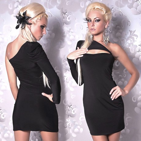 One Shoulder Decollete Mini Dress Black