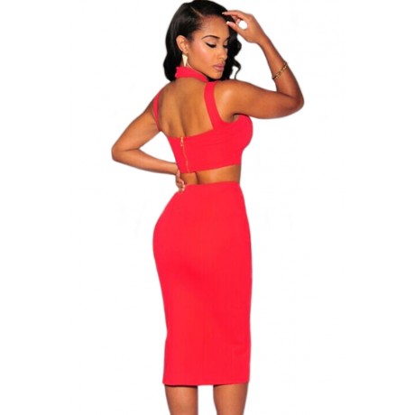 Halter Neck Backless Skirt Set Red