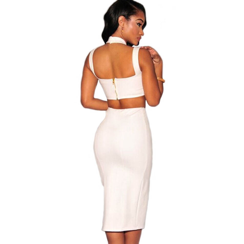 Sexy Halter Neck Backless Night Club Skirt Set White