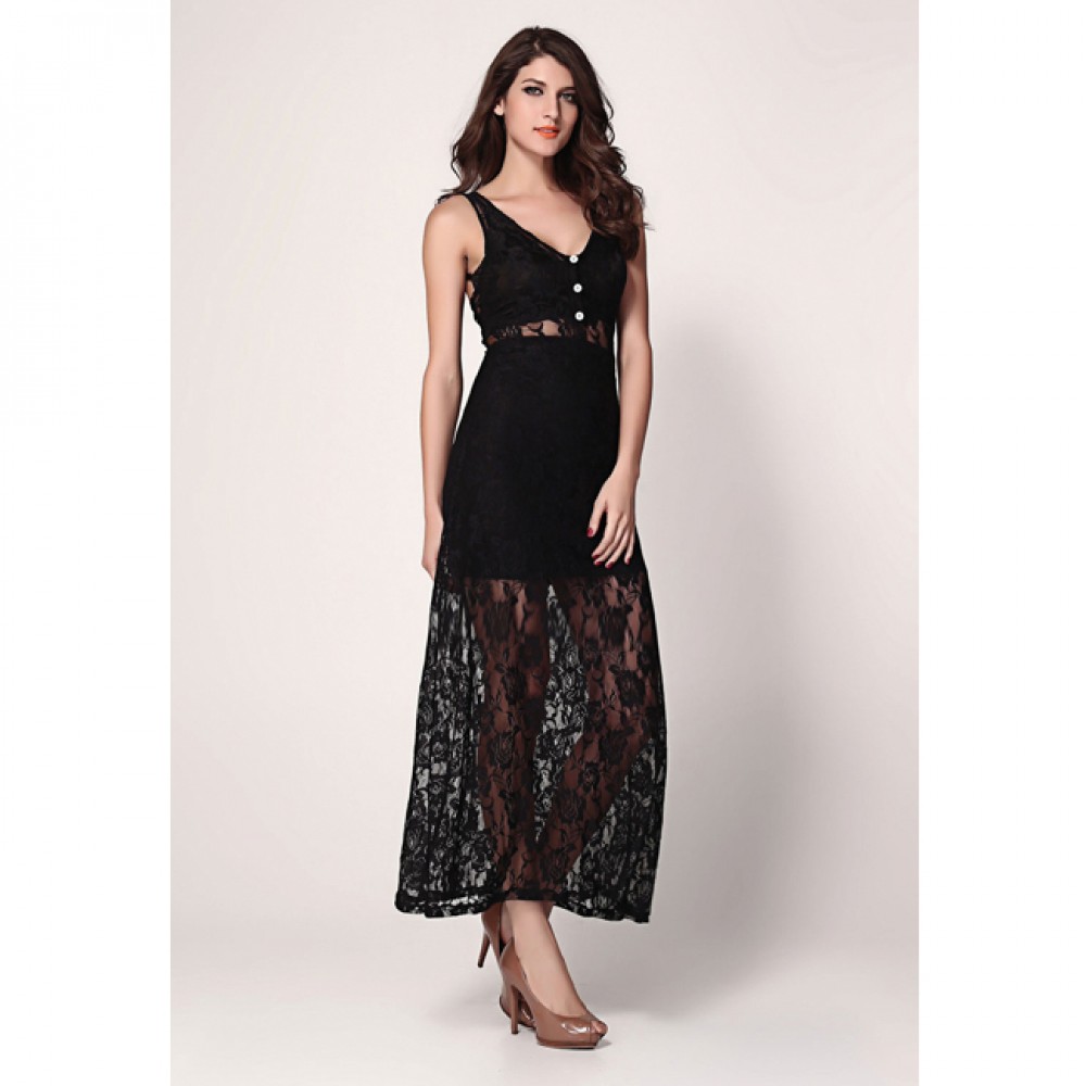 Lace Vest Show Legs Maxi Dress Black