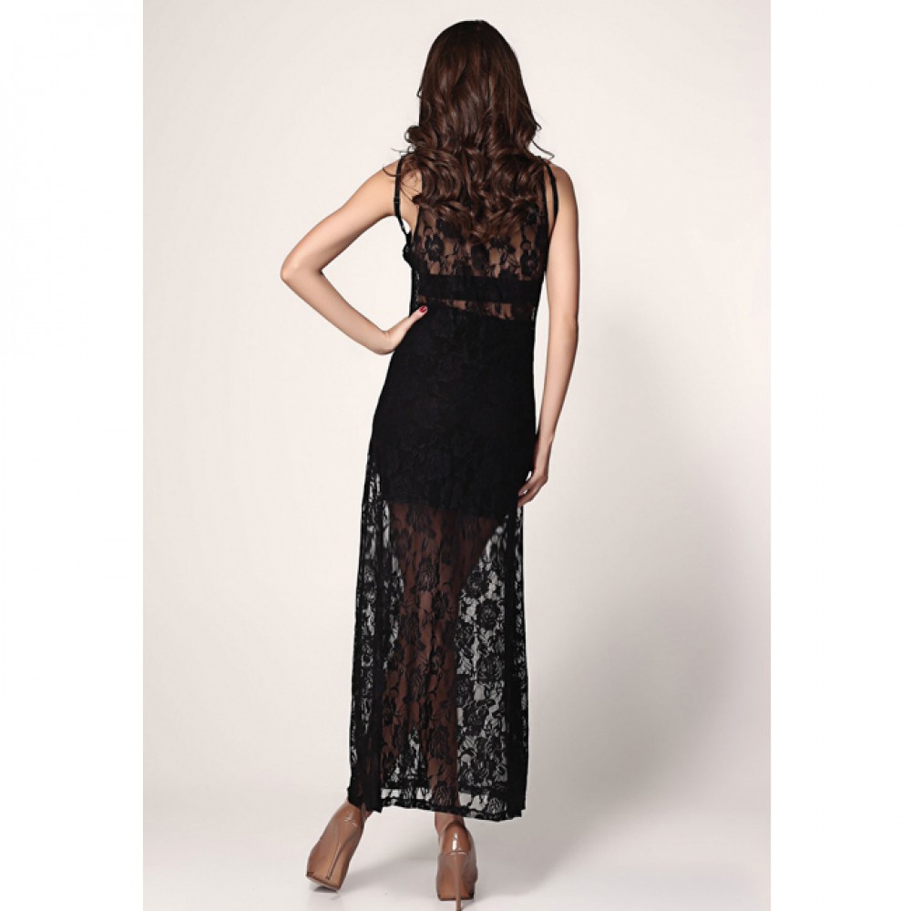 Lace Vest Show Legs Maxi Dress Black