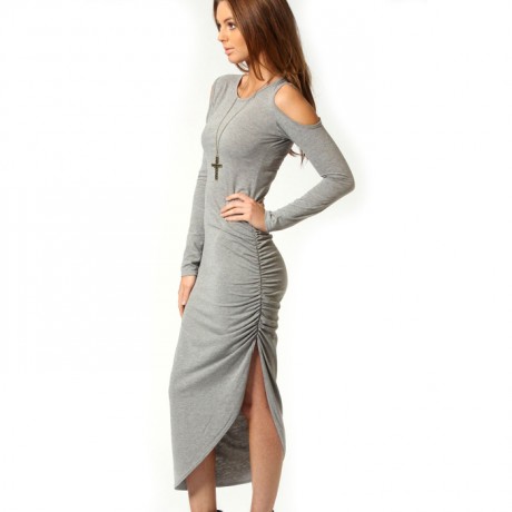 Cut Out Ruched Side Midi Dress Gray