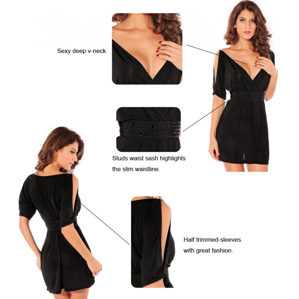 V-Neck Split Sleeves Black Mini Dress